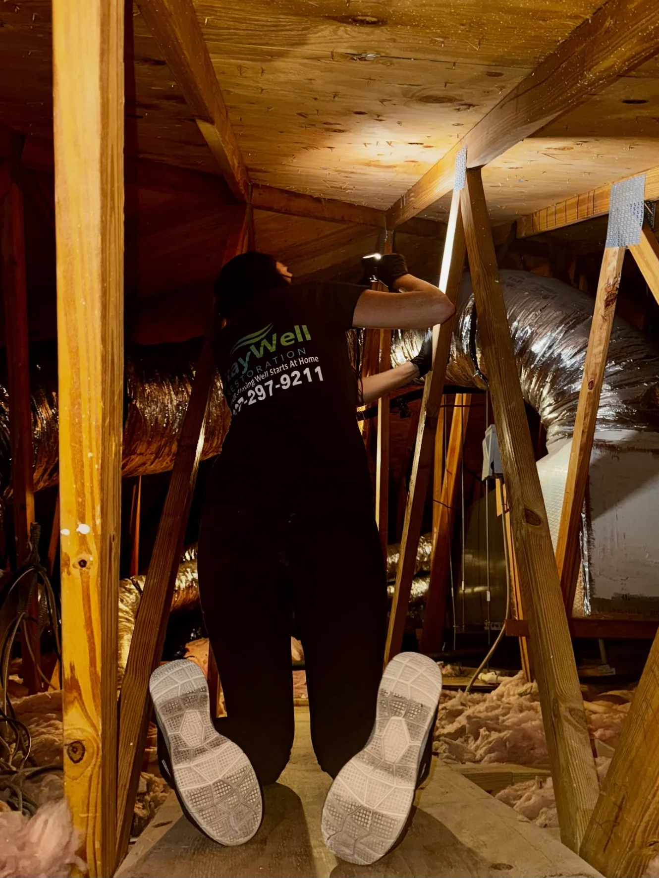 Technician performing crawlspace inspection